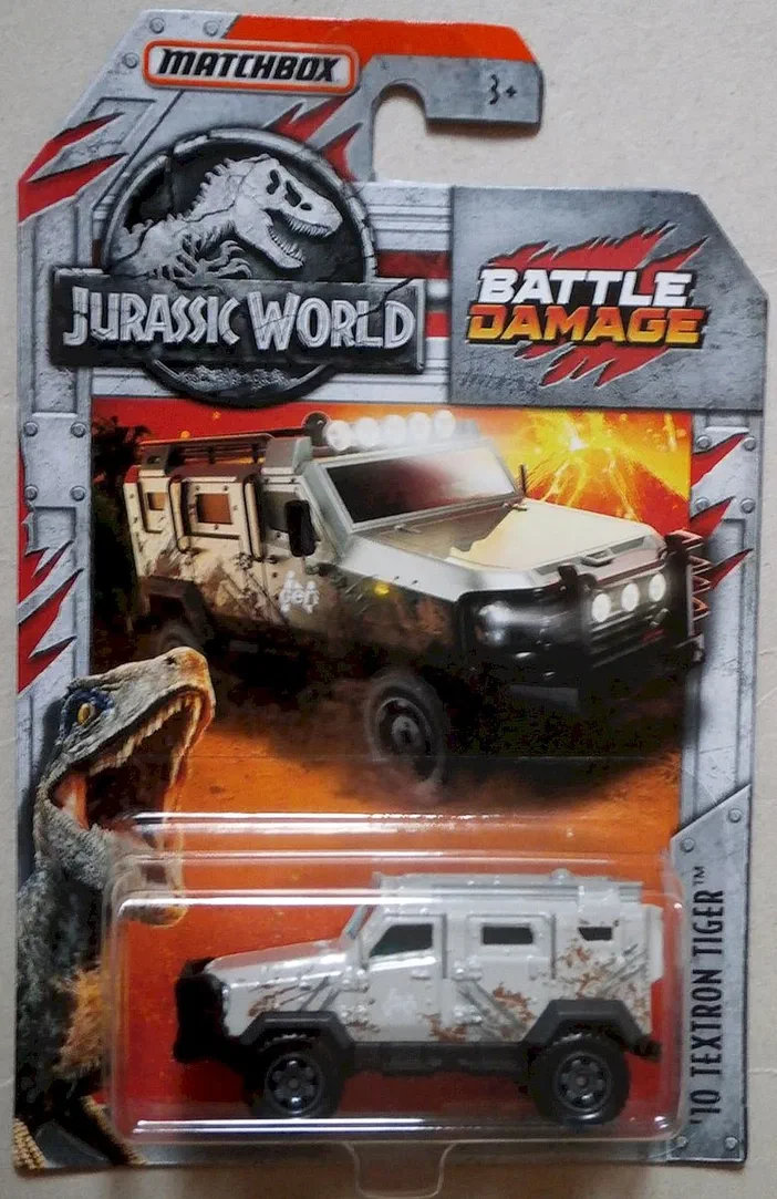 Packaging Matchbox de la voiture Textron Tiger (2018) avec des marques de Battle Damage pour Jurassic World
