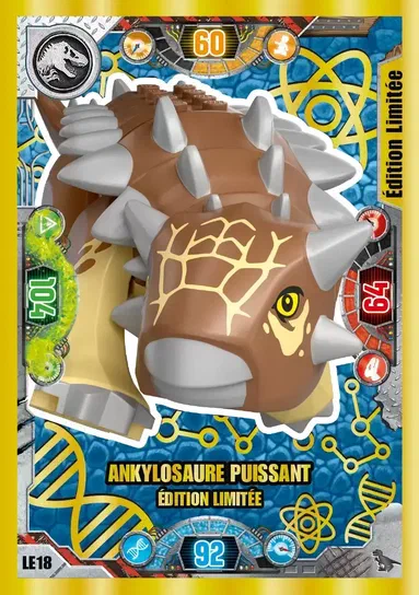 Carte de collection LEGO Jurassic World montrant un Ankylosaure puissant édition limitée avec des statistiques et le code LE18.