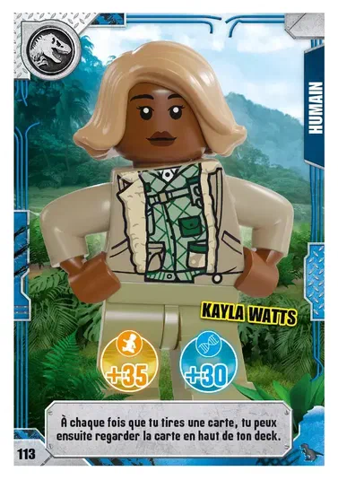 Carte de collection LEGO Jurassic World présentant le personnage Kayla Watts avec ses statistiques et son effet.