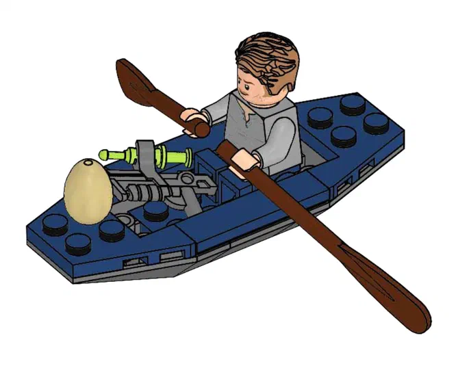 Minifigurine Owen dans une canoë LEGO avec un oiseau et des rames.
