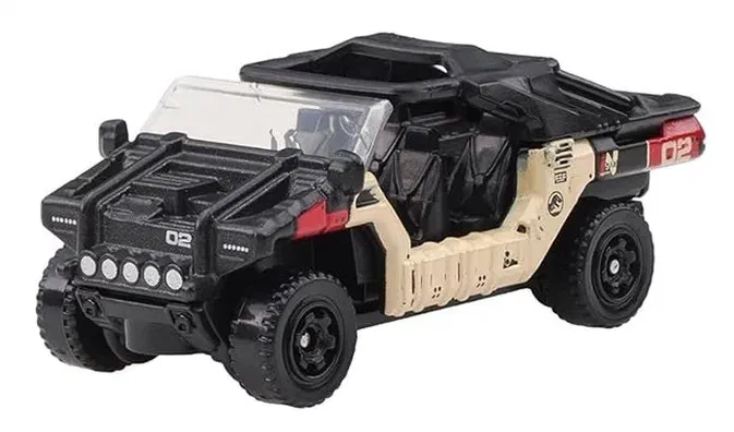 Voiture de course Matchbox Jurassic World Rebirth JGY50, véhicule Off-Road InGen en noir et beige avec le numéro 02.