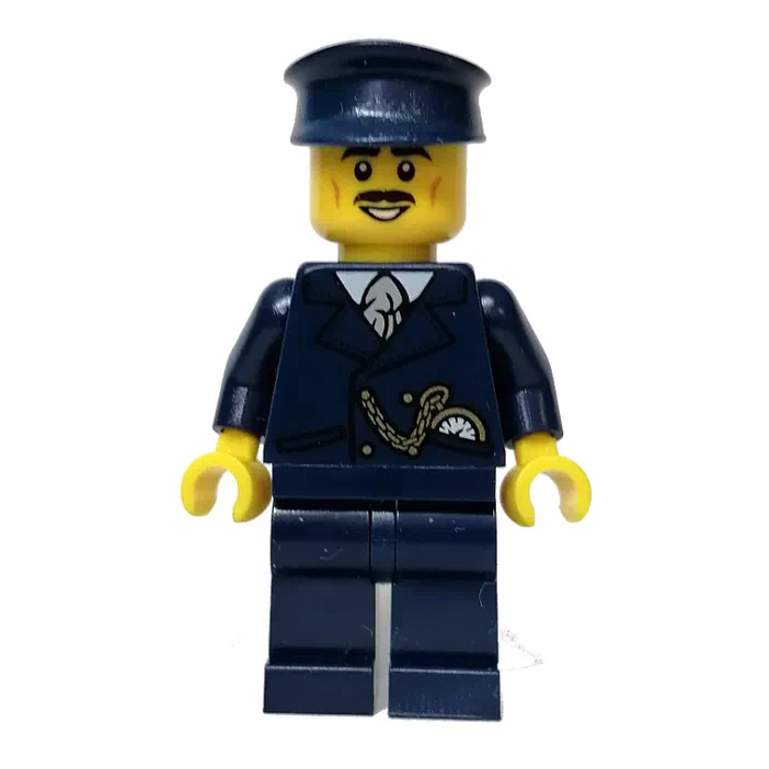 Minifigurine LEGO de collection représentant un personnage en uniforme bleu marine avec casquette, cravate et décorations sur la poitrine.