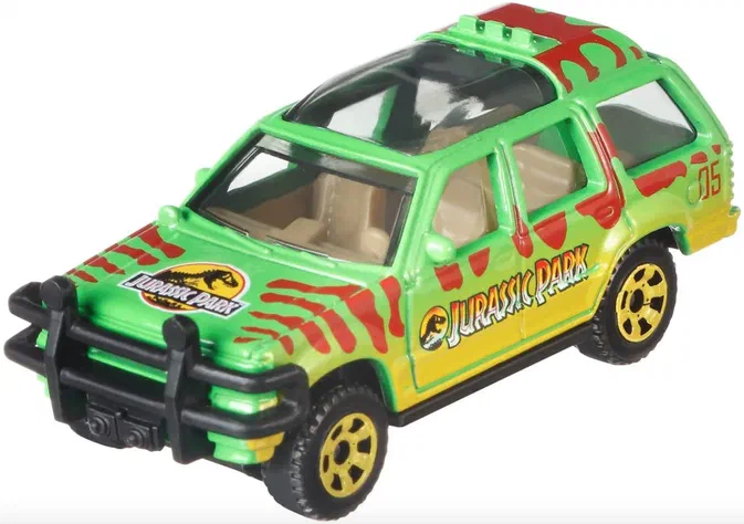 Ford Explorer vert et jaune de la franchise Jurassic Park avec des rayures rouges, un logo sur le capot et une barre noire avant.