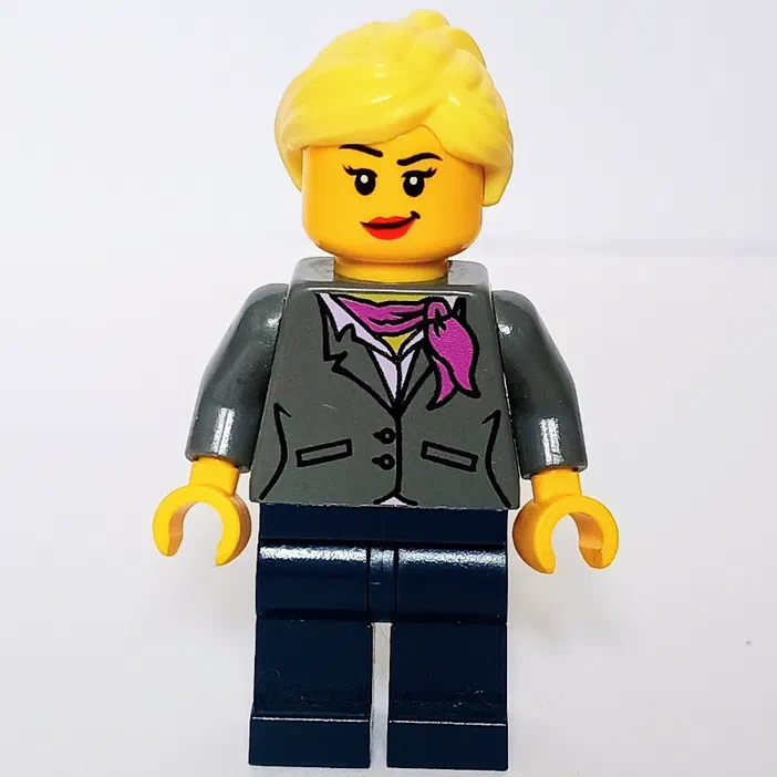 Minifigurine LEGO de la série 'Research Institute' avec un torse gris foncé et des jambes bleu marine.