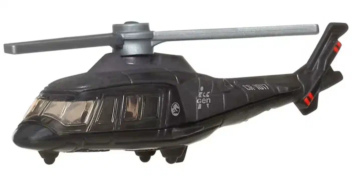 Un hélicoptère noir de la marque Matchbox représentant l'InGen Helicopter du film Jurassic World Rebirth.