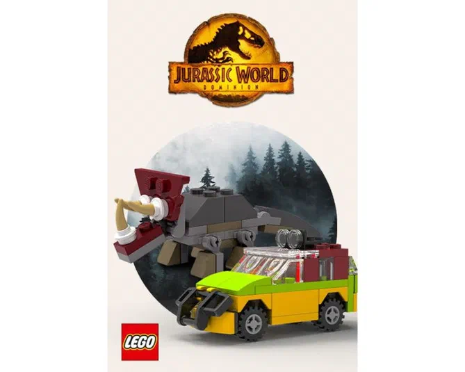 Logo Jurassic World Dominion au-dessus d'une Jeep LEGO jaune et verte avec un dinosaure en arrière-plan.