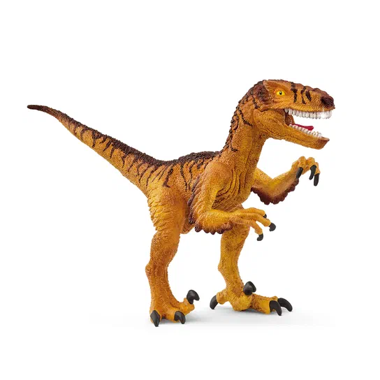 Figurine de dinosaure Vélociraptor jaune et marron avec des marques sombres sur le dos.