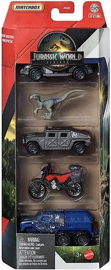 Packaging Matchbox Jurassic World Rebirth Dinosaur Capture Team avec un dinosaure et quatre véhicules : une Humvee grise, une moto rouge noire, un camion bleu blindé et une Mercedes ML grise.