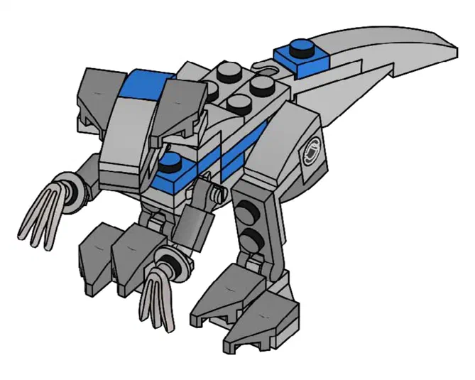 Un dinosaure bleu et gris en briques Lego représentant un Velociraptor du jeu Jurassic World.