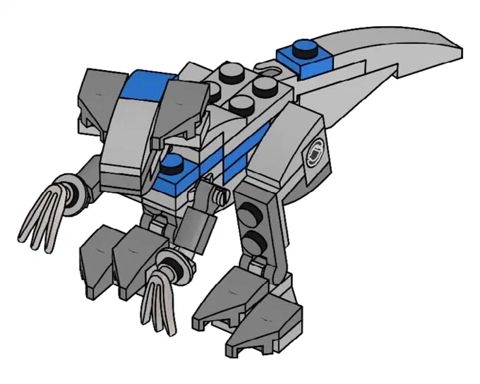 Un dinosaure bleu et gris en briques Lego représentant un Velociraptor du jeu Jurassic World.