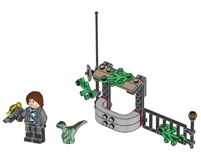 Minifigure de Rainn Delacourt tenant une arme jaune à côté d'un petit dinosaure vert et d'une structure grise avec des éléments verts.
