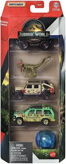 Boîte de jouets Matchbox Jurassic World Rebirth contenant un dinosaure, une sphère bleue et trois véhicules.