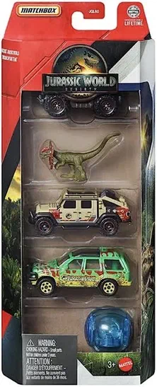 Boîte de jouets Matchbox Jurassic World Rebirth contenant un dinosaure, une sphère bleue et trois véhicules.