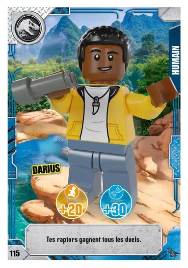 Carte de collection LEGO Jurassic World présentant le personnage Darius avec des statistiques et une description en français.