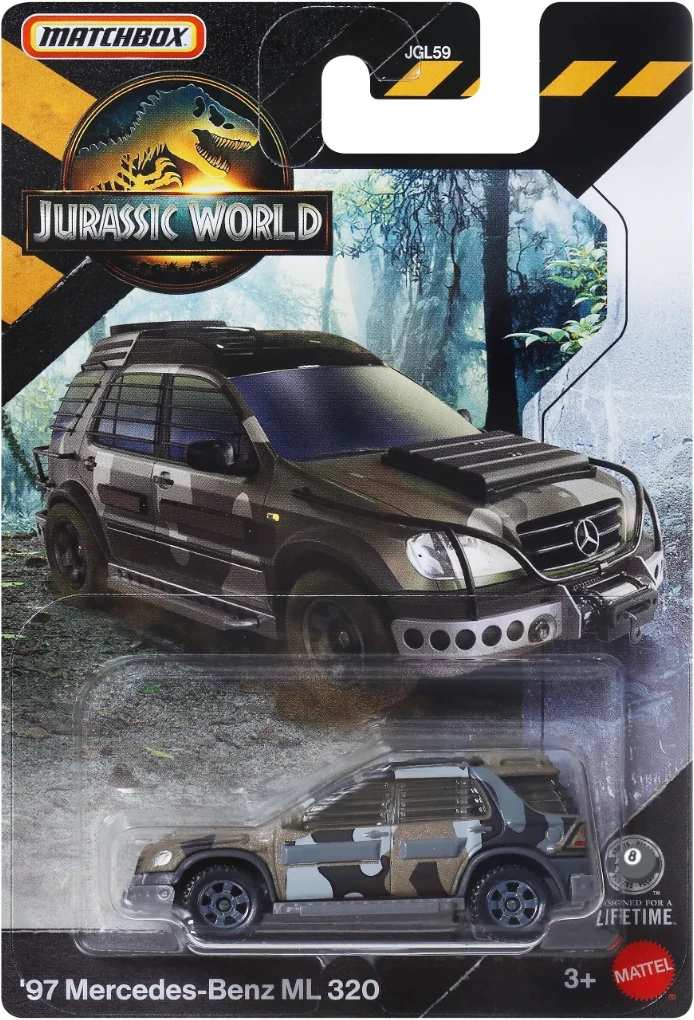 Packaging d'une voiture de collection Matchbox '97 Mercedes-Benz ML 320 camouflée du jeu Jurassic World.
