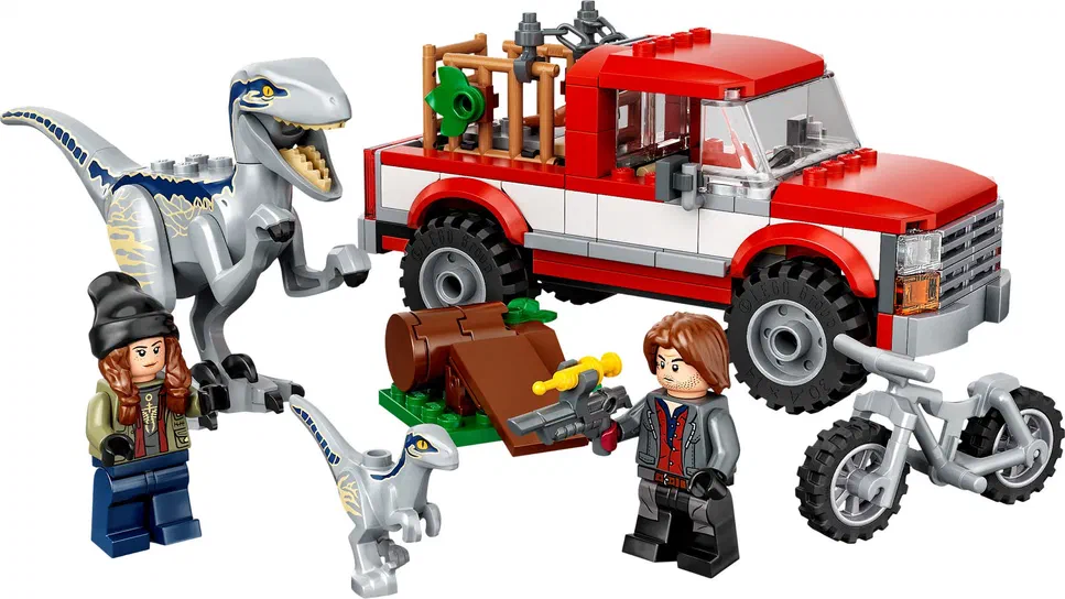 Ensemble de figurines LEGO Jurassic World incluant un camion rouge, des dinosaures et deux personnages avec une moto grise.