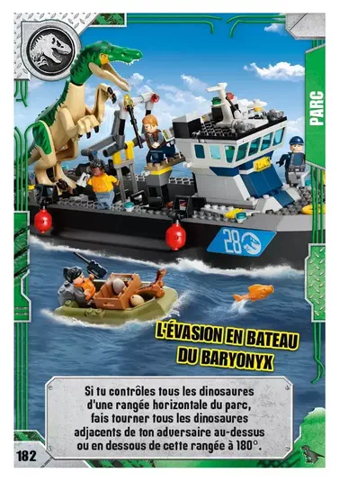 Carte de collection LEGO Jurassic World montrant un bateau avec des dinosaures et une instruction pour faire tourner les dinosaures adjacents à 180°.