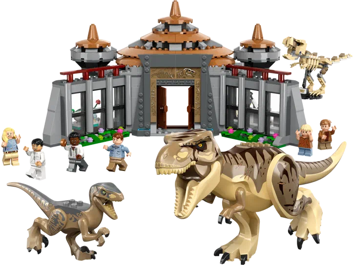 Ensemble de construction LEGO Jurassic World avec un bâtiment, des dinosaures et plusieurs personnages.