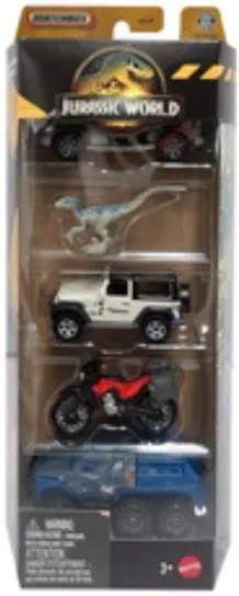 Packaging Matchbox Jurassic World Dinosaur Capture Team contenant une Jeep Wrangler, un camion blindé, une moto et un véhicule Mercedes-Benz.