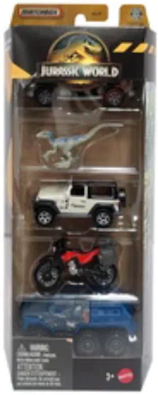 Packaging Matchbox Jurassic World Dinosaur Capture Team contenant une Jeep Wrangler, un camion blindé, une moto et un véhicule Mercedes-Benz.
