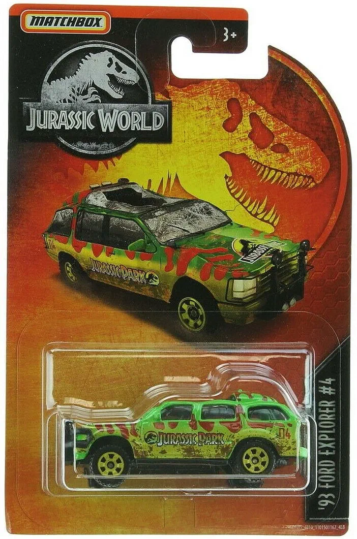 Packaging Matchbox de la voiture '93 Ford Explorer #4(NEW) Jurassic World avec le logo du jeu et l'illustration d'un dinosaure.