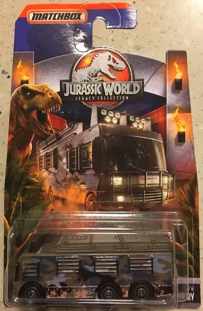 Packaging Matchbox Fleetwood Southwind RV Jurassic World Legacy Collection avec illustration dinosaure et véhicule en plastique