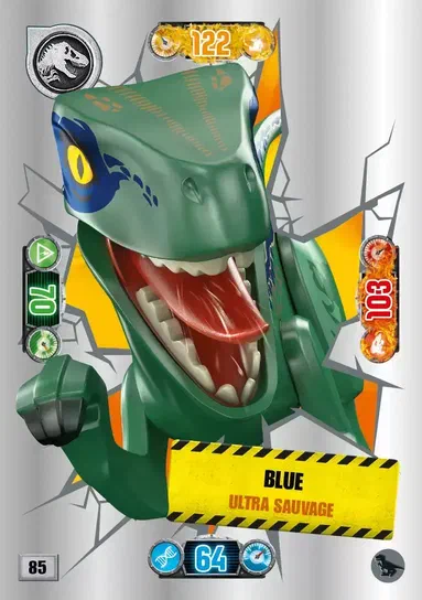 Carte de collection LEGO Jurassic World présentant le dinosaure Blue en version Ultra Sauvage.