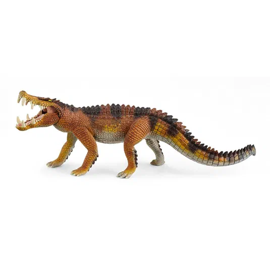 Figurine de Kaprosuchus, un dinosaure à la peau orange et noire avec des dents visibles.