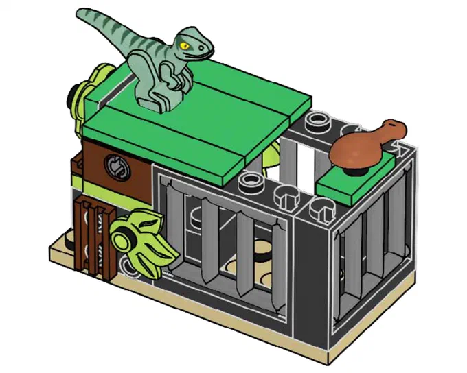 Un raptor vert posé sur un piège en briques LEGO gris et marron avec des détails verts.