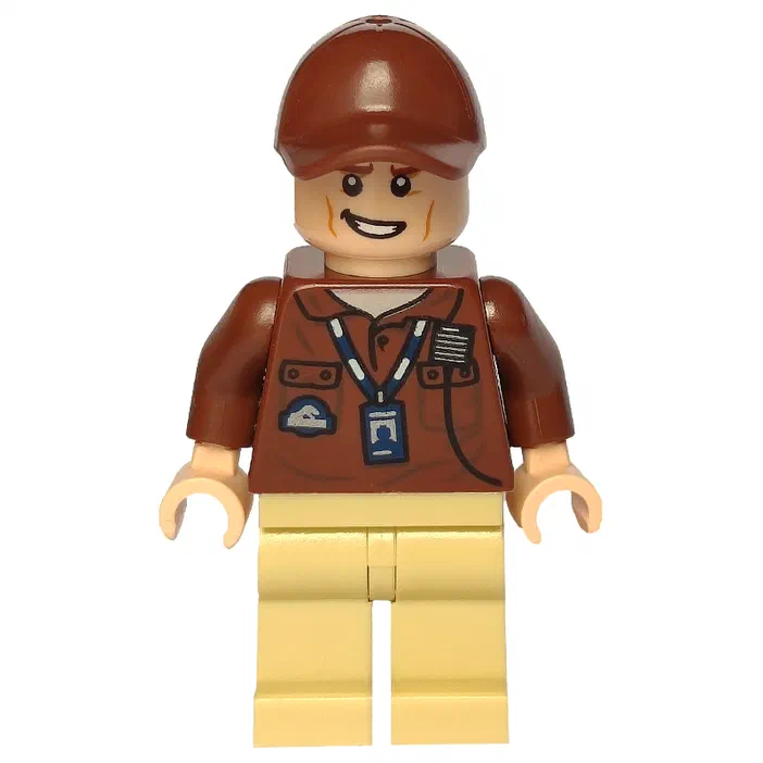 Minifigurine de travailleur du parc avec une veste marron rougeâtre et un chapeau.