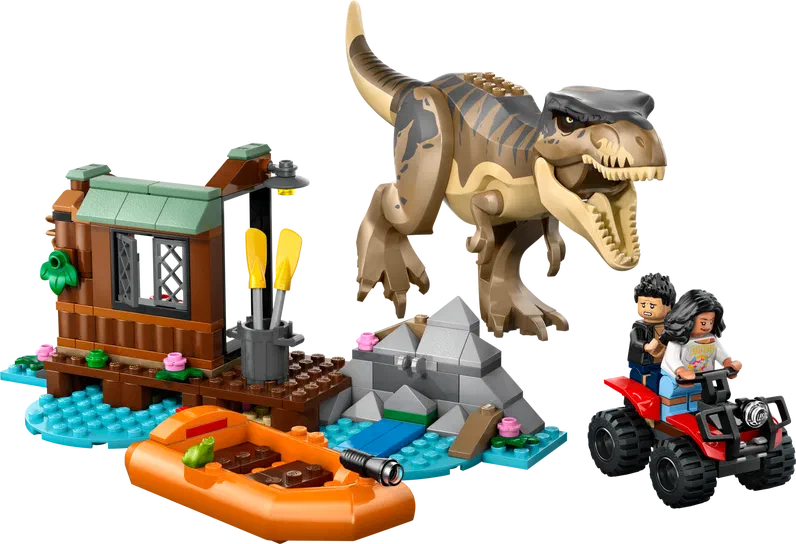 Ensemble de construction LEGO Jurassic World avec un T-Rex, une cabane sur l'eau, un canot orange et deux personnages à moto.