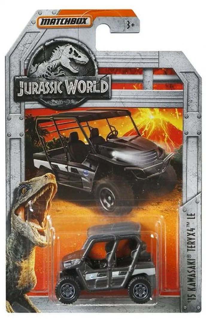 Packaging Matchbox de la voiture Kawasaki Teryx4 LE Jurassic World avec un dinosaure en bas à gauche