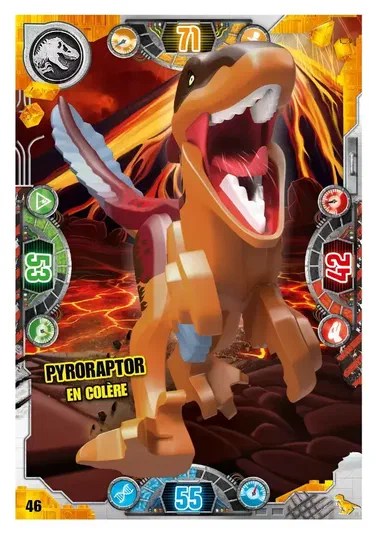 Carte de collection LEGO Jurassic World présentant le dinosaure Pyroraptor en colère.