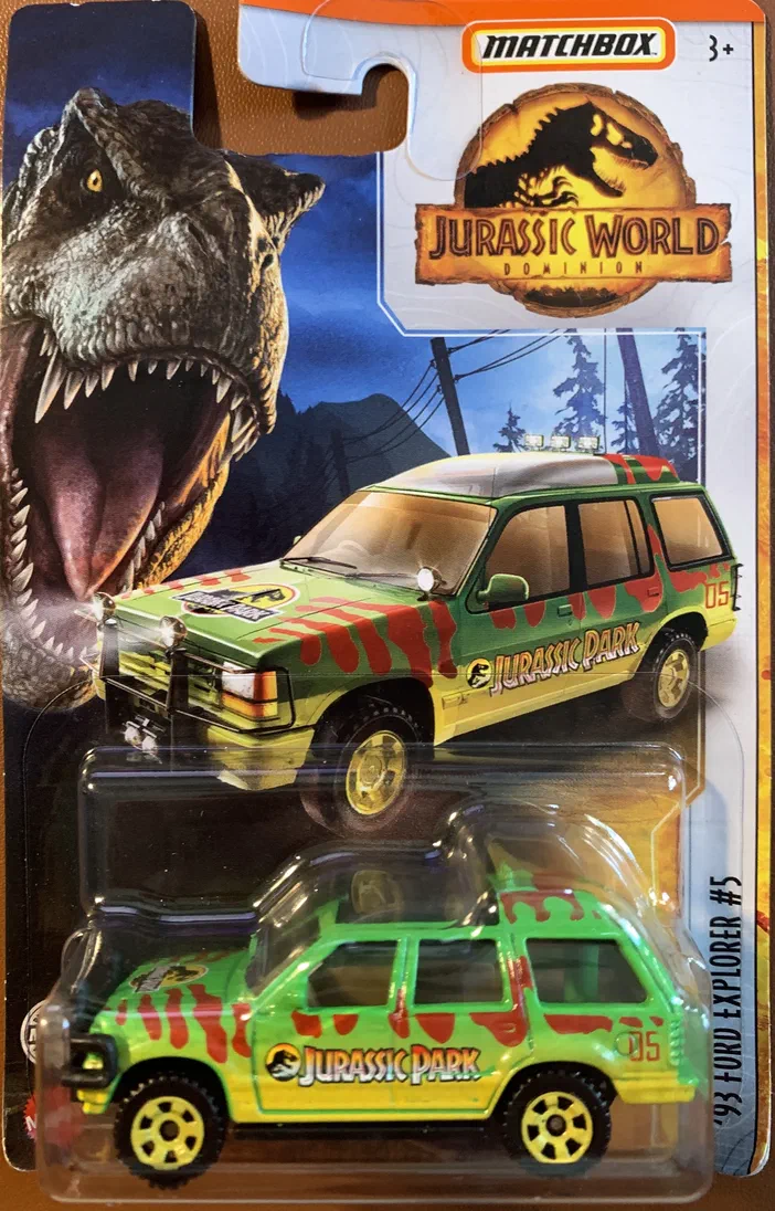 Packaging Matchbox de la voiture '93 Ford Explorer #5 du jeu Jurassic World Dominion avec un T-Rex en arrière-plan.