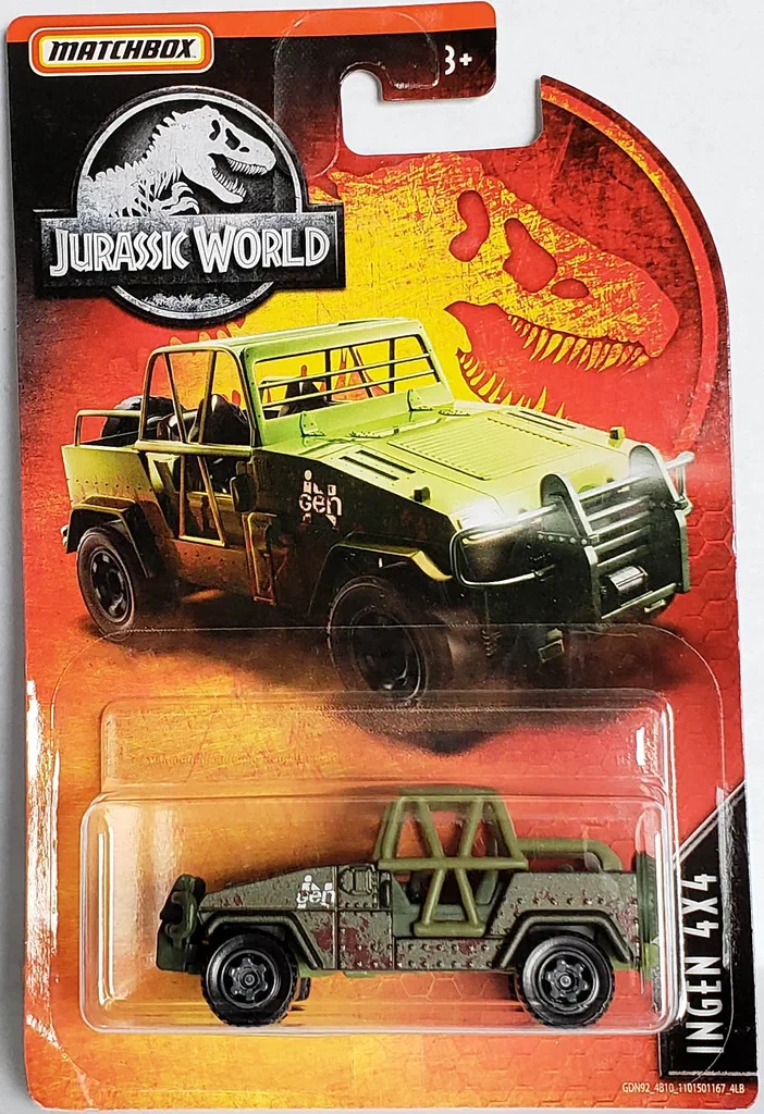 Carte de collection Matchbox présentant une voiture InGen 4x4 verte du film Jurassic World.