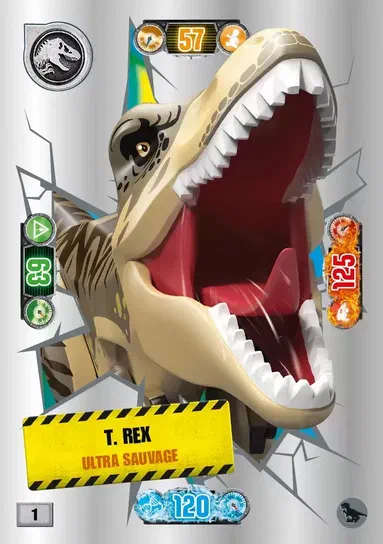 Carte de collection LEGO Jurassic World représentant un T. rex ultra sauvage.