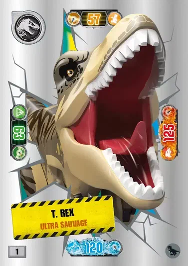 Carte de collection LEGO Jurassic World représentant un T. rex ultra sauvage.