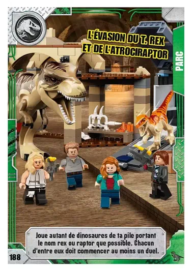 Carte de collection LEGO Jurassic World montrant l'évasion du T. rex et de l'Atrociraptor avec des personnages humains.