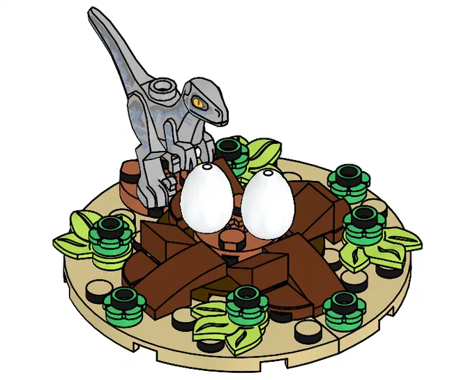 Une illustration d'un dinosaure gris et blanc, Beta, se tenant sur un nid de briques marron avec deux œufs blancs entourés de plantes vertes.