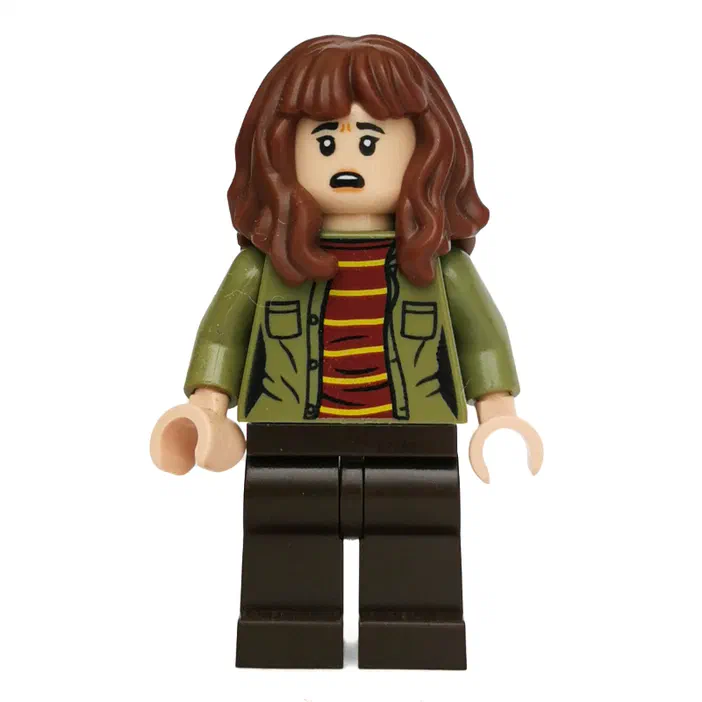 Minifigurine LEGO de Joyce Byers dans Stranger Things, avec des cheveux bruns bouclés et une expression inquiète.