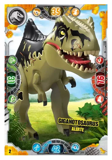 Carte de collection LEGO Jurassic World représentant un Giganotosaurus en alerte.