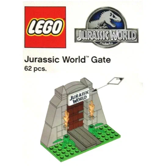 Porte de Jurassic World en LEGO avec un panneau et des flammes