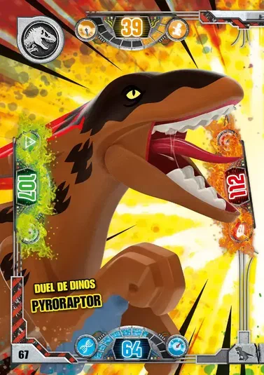 Carte de collection LEGO Jurassic World représentant le dinosaure Pyroraptor avec des statistiques et un titre 'Duel de dinos'.