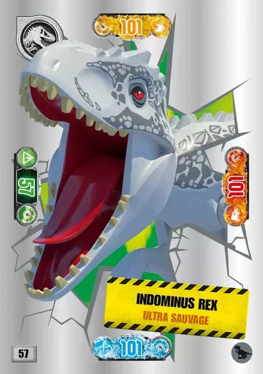 Carte de collection LEGO Jurassic World présentant l'Indominus Rex Ultra Sauvage avec ses statistiques et son nom.