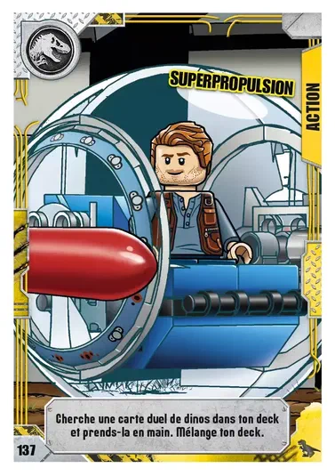 Carte de collection LEGO Jurassic World n°137 Superpropulsion : un personnage à l'intérieur d'un véhicule avec une balle rouge.