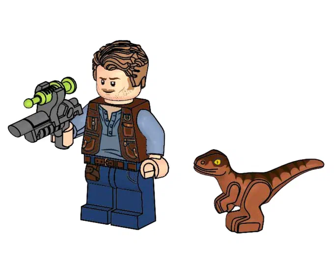 Minifigurine de Owen avec un petit raptor en LEGO Jurassic World