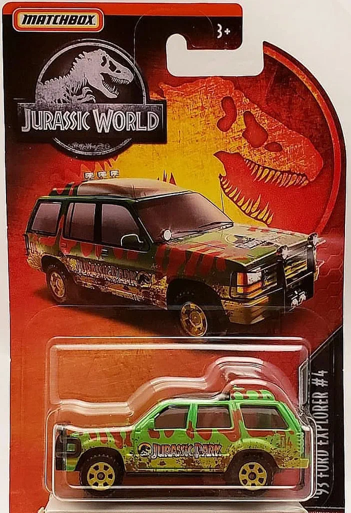 Packaging Matchbox de la voiture '93 Ford Explorer #4 Jurassic World avec le logo et l'image du véhicule vert.