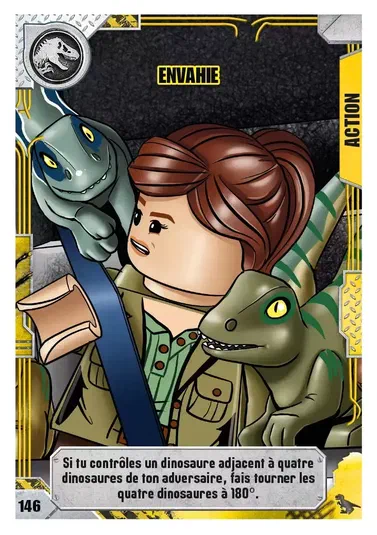 Carte de jeu LEGO Jurassic World : Envahie avec une femme et deux dinosaures