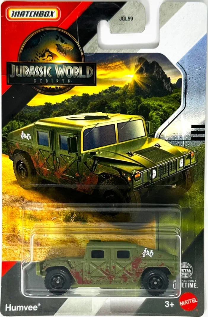 Packaging Matchbox Humvee de Jurassic World Rebirth avec le véhicule vert dans la fenêtre transparente