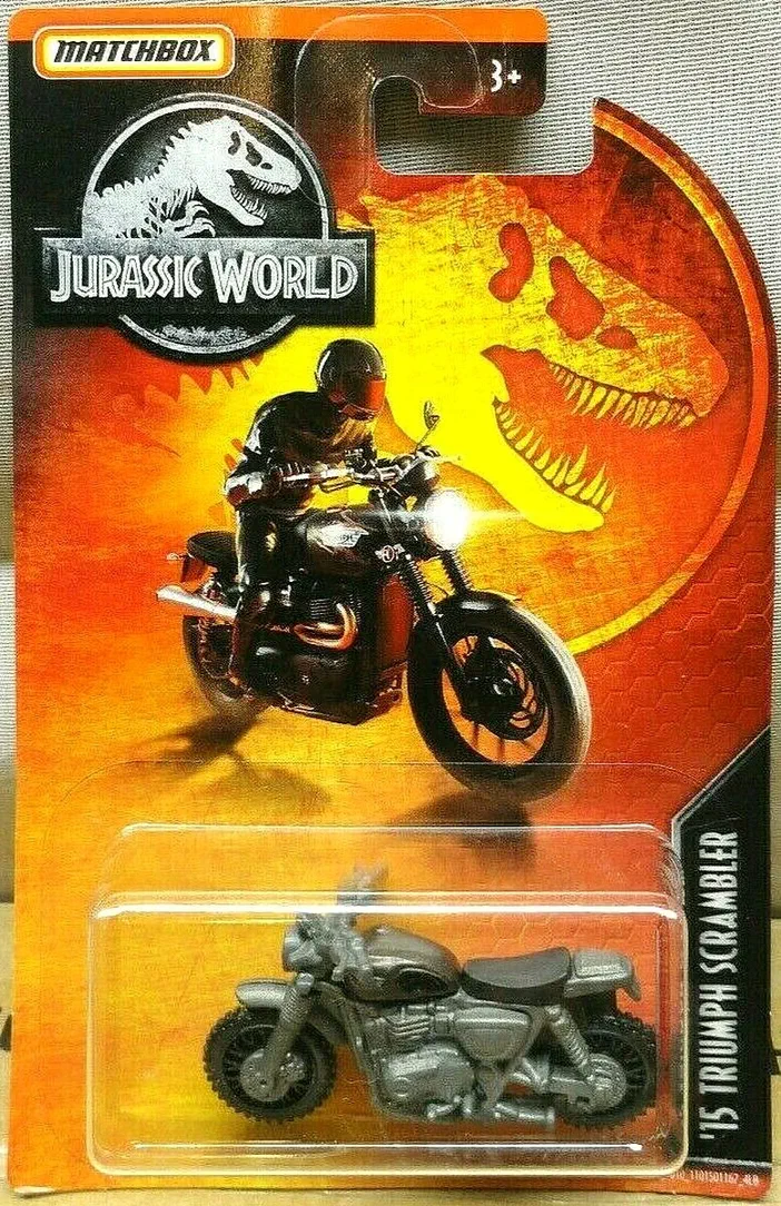 Packaging Matchbox Jurassic World avec une moto Triumph Scrambler en plastique gris